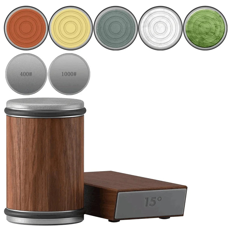 Rollende Messenslijper Set – Magnetisch Hoekblok 15° & 20° + 4 Slijpschijven