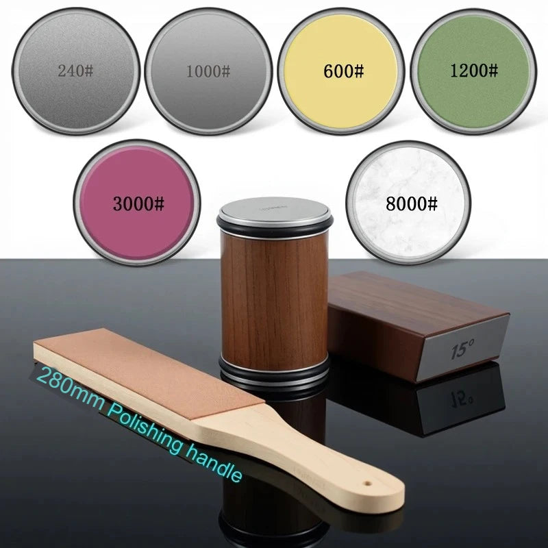Rollende Messenslijper Set – Magnetisch Hoekblok 15° & 20° + 4 Slijpschijven